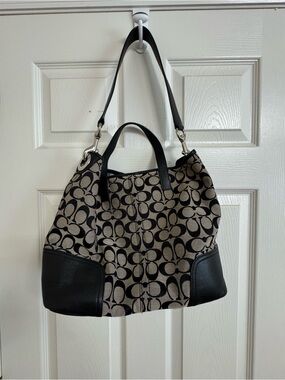 Coach Signature Canvas Shoulder Tote in Khaki and Black